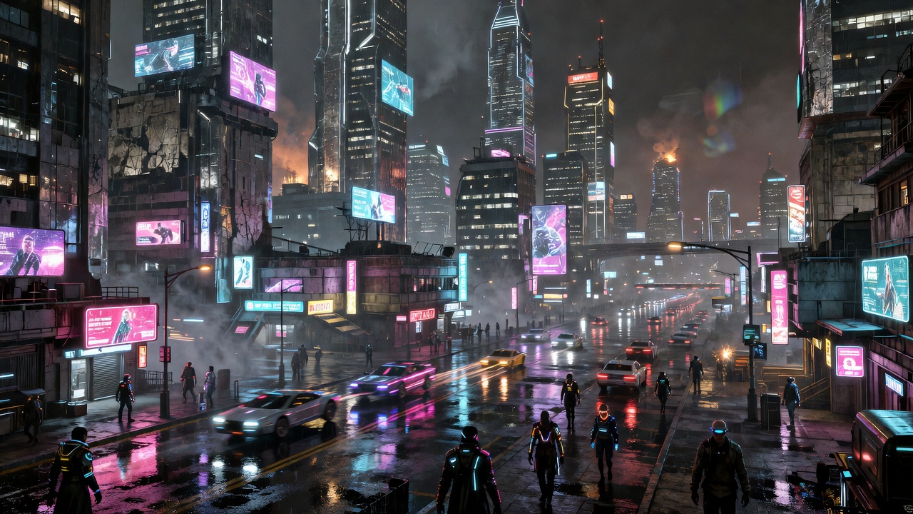 Cyberpunk 2077 Night City neonvalot ja futuristinen kaupunkinäkymä
